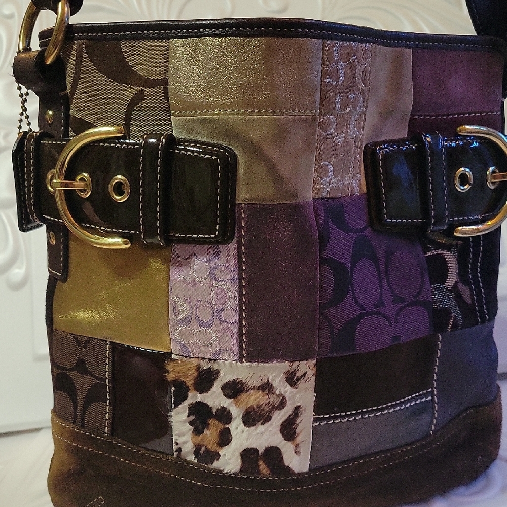 Coach Eva HOLIDAY Limited Edition . Purple/gold Patchwork Leather Shoulder Bag